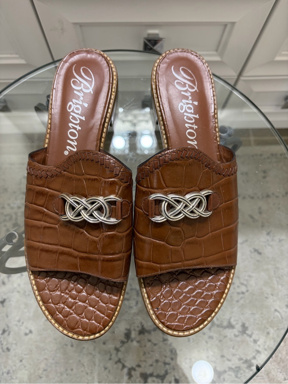 Brighton Brown Croc-Embossed Leather Slide Mules with Silver Knot Hardware